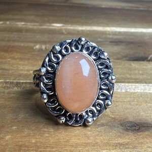 Vintage Style Peach Moonstone Gemstone Ring Size 10 Silver 925 Bohemian Boho